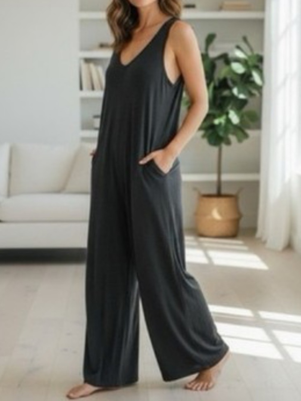 Natural Life Knit V-Neck Heathered Charcoal Gray Palazzo Jumpsuit. One Size.